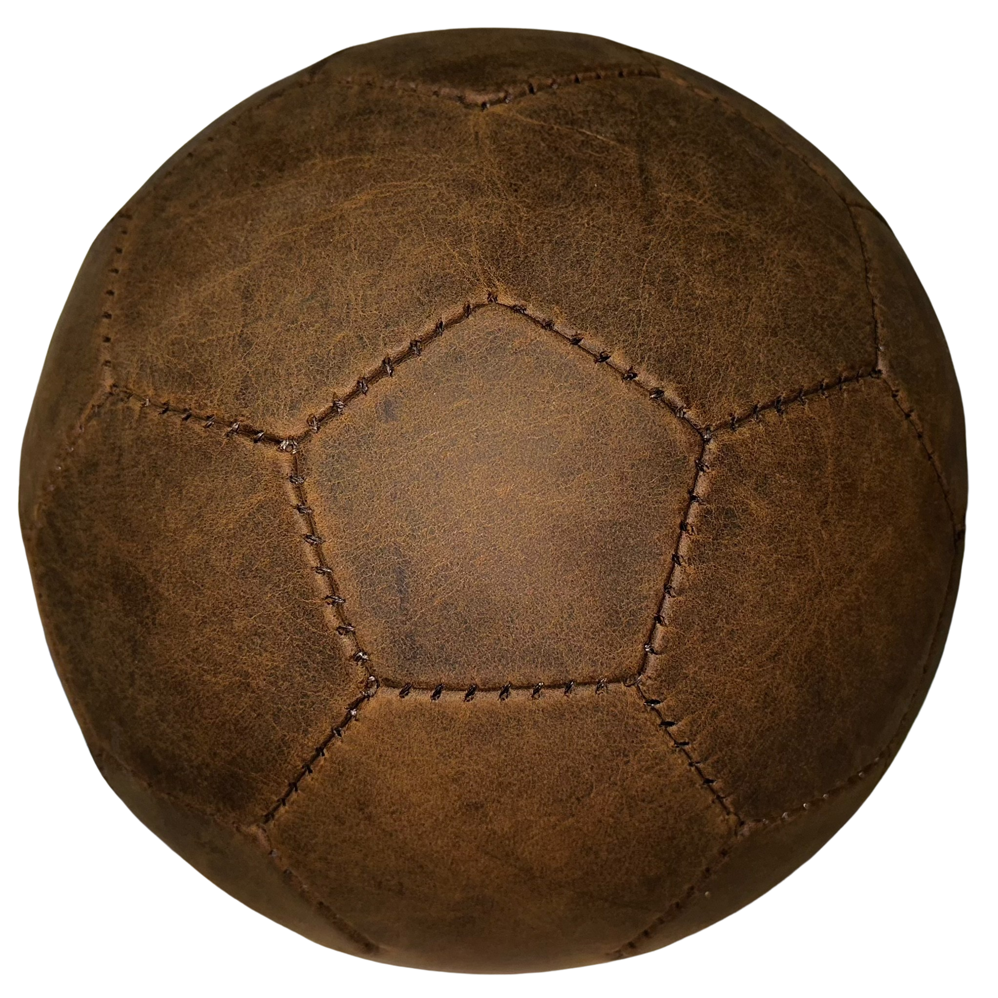 Handmade leather football with a classic hexagonal and pentagonal patch pattern.