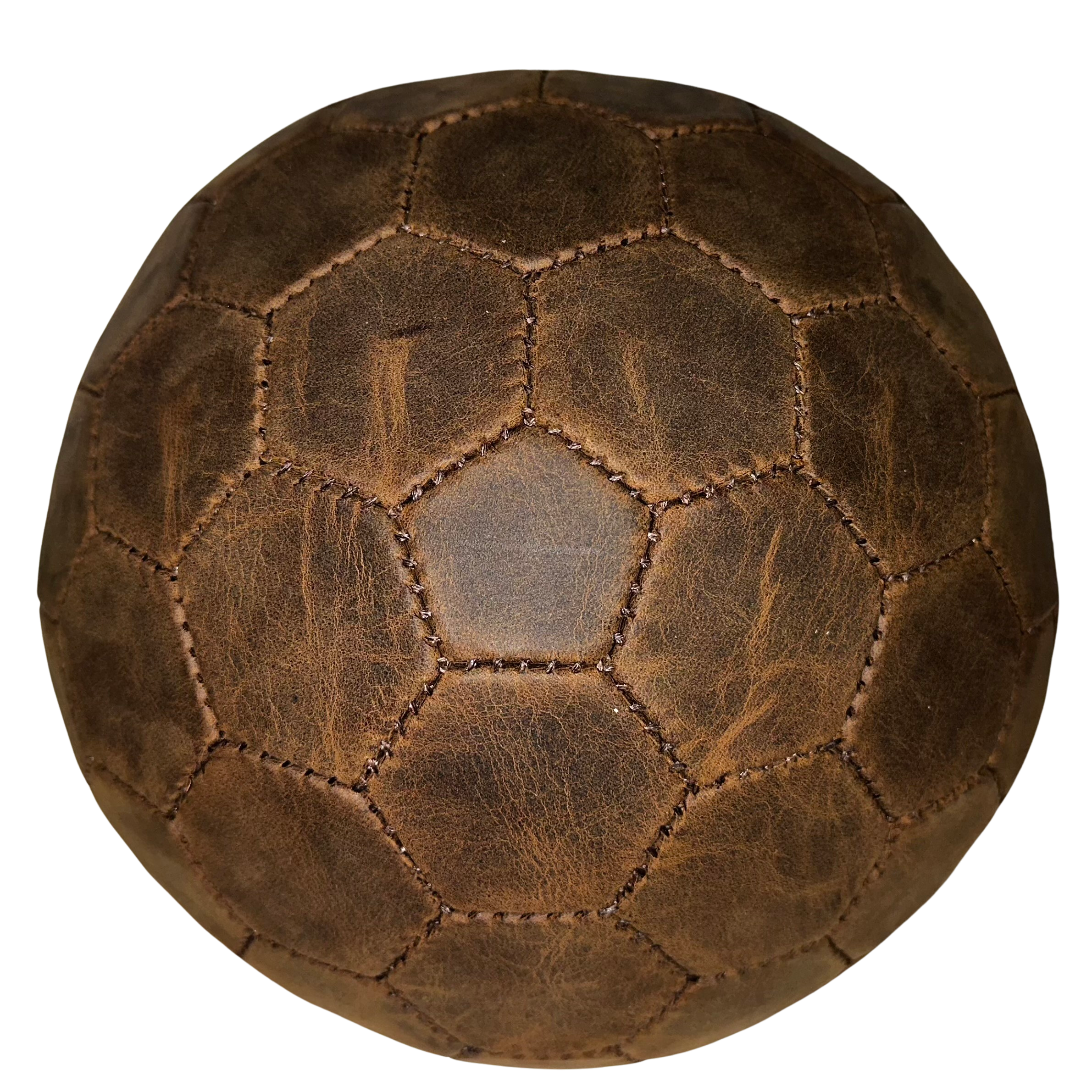 Handmade leather football with a hexagonal patch pattern