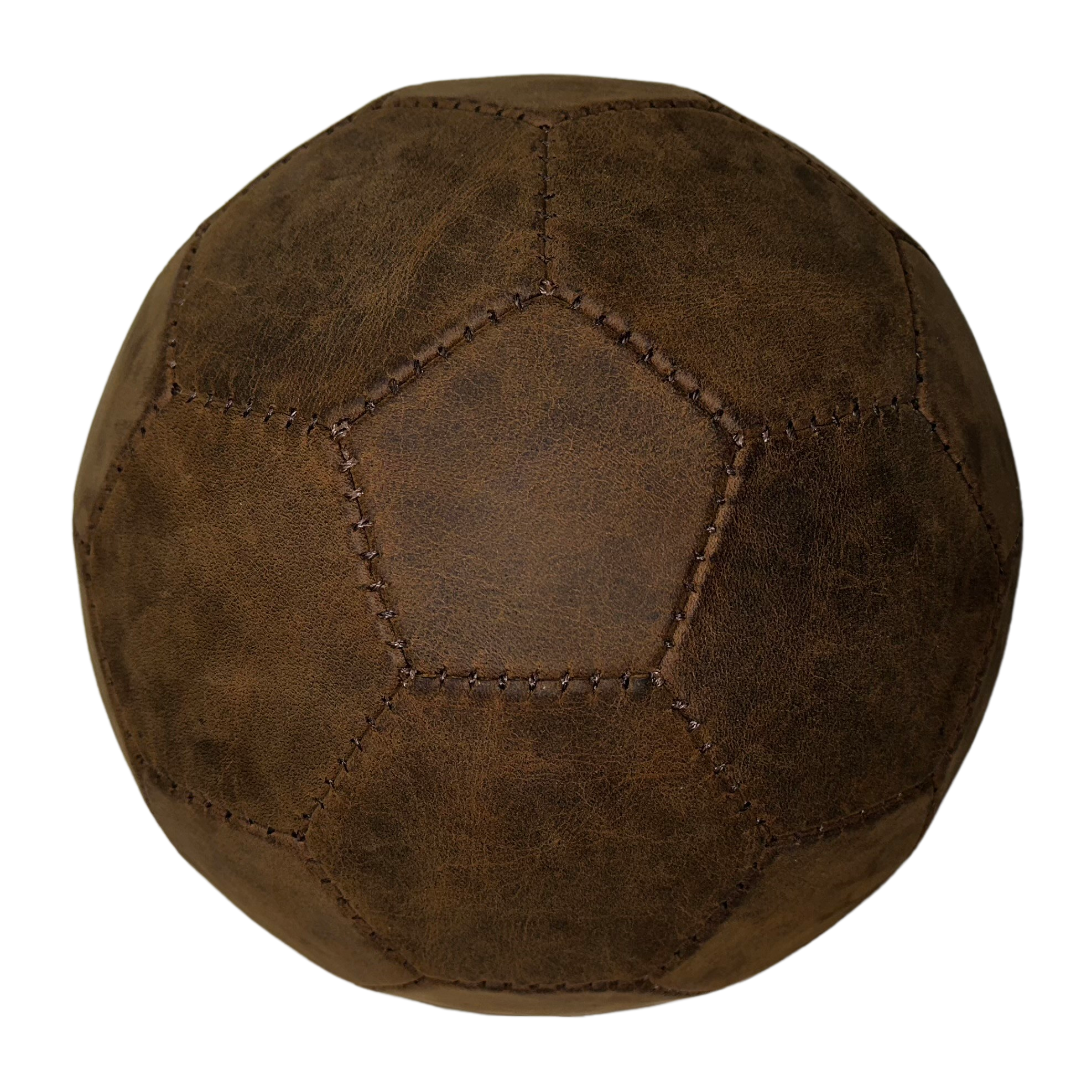 Handmade leather football with a classic hexagonal and pentagonal patch pattern.