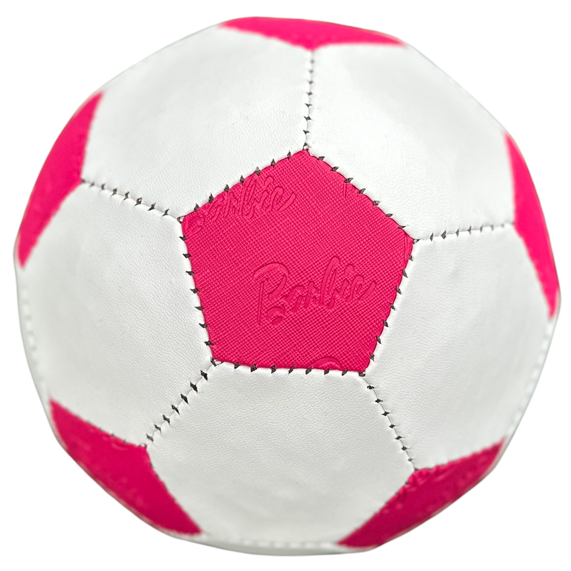 Photo of a handmade Barbie-themed display football, featuring white and pink faux leather panels. The pink panels are embossed with the Barbie logo, creating a stylish and nostalgic display piece.