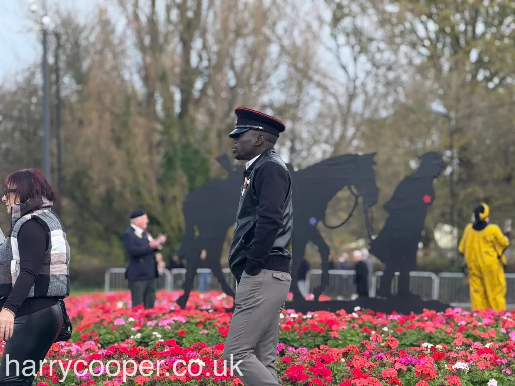 A man in uniform stands near a garden of red flowers with black silhouettes of soldiers and horses in the background, creating a reflective scene.